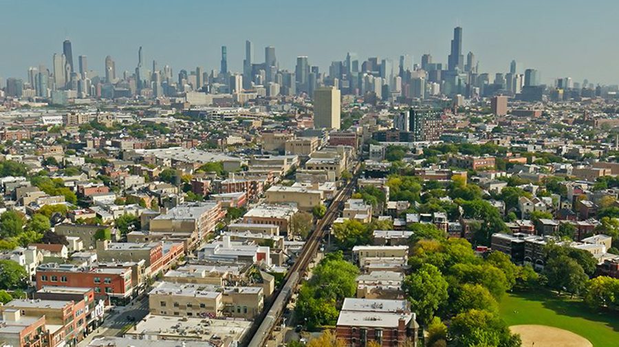 Chicago skyline with wicker park neighborhood in foreground