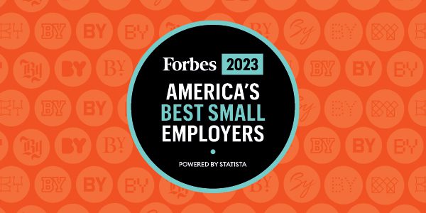 Forbes 2023 Best Small Employers logo on Byline Bank's signature orange background with alternate symbols.