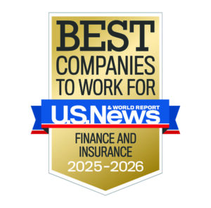 A gold badge reads "Best Companies to Work For, U.S. News, Finance and Insurance, 2025–2026.