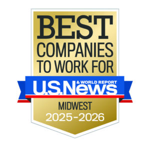 Gold badge reading “Best Companies to Work For U.S. News & World Report Midwest 2025-2026” with a red, white, and blue banner.