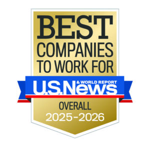 A gold badge reads "Best Companies to Work For U.S. News & World Report Overall 2025-2026" with a blue, white, and red ribbon.