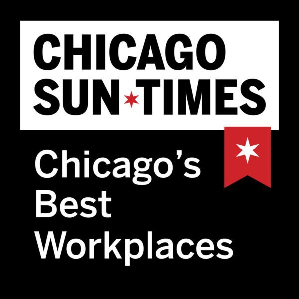 Chicago Sun-Times logo above bold text reading “Chicago’s Best Workplaces” with a red ribbon featuring a white star on a black background.
