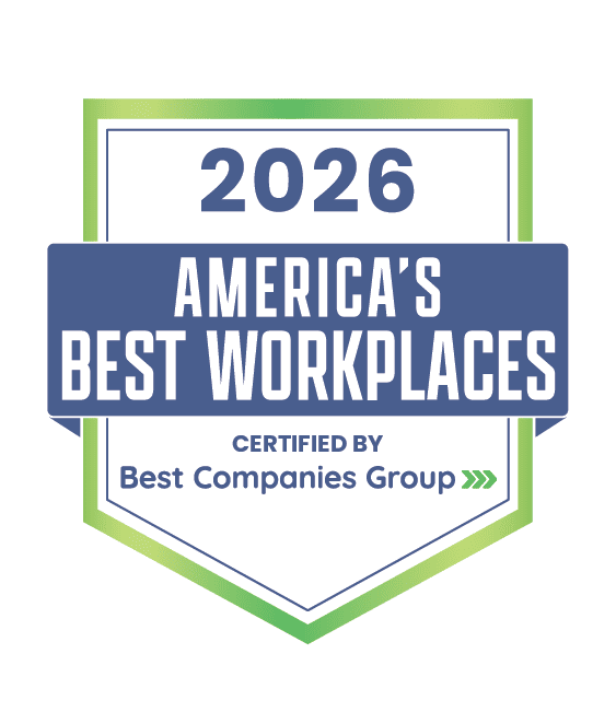 A badge displaying "2026 America's Best Workplaces, Certified by Best Companies Group" with a green and blue border.