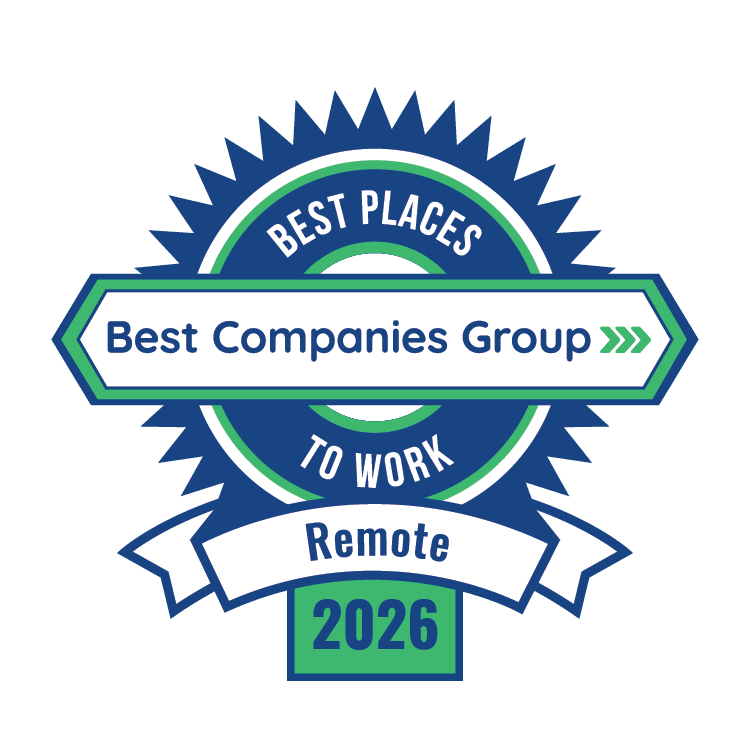 A blue and green badge reads "Best Places to Work Remote 2026" with "Best Companies Group" in the center.