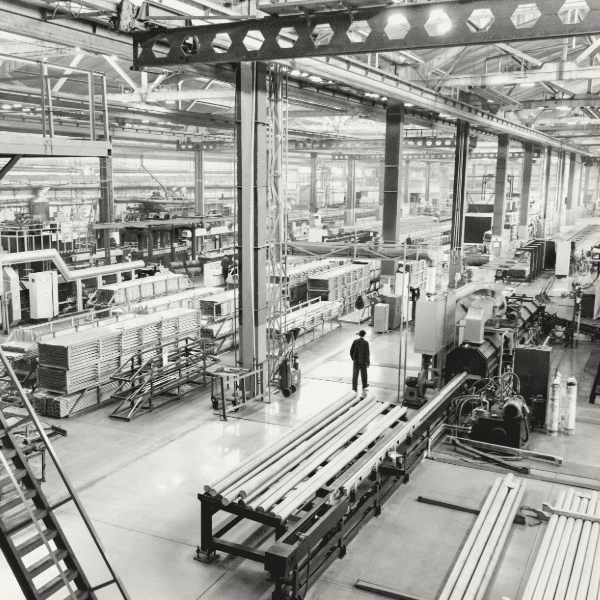 A person stands in a large, modern factory surrounded by industrial equipment, metal beams, and machinery, with overhead lighting illuminating the space.