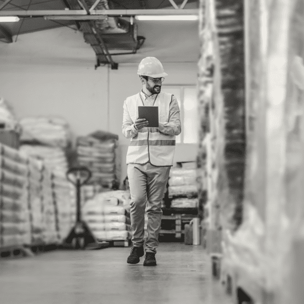 A man wearing a hard hat and safety vest walks through a warehouse aisle while holding a tablet, surrounded by stacked pallets.