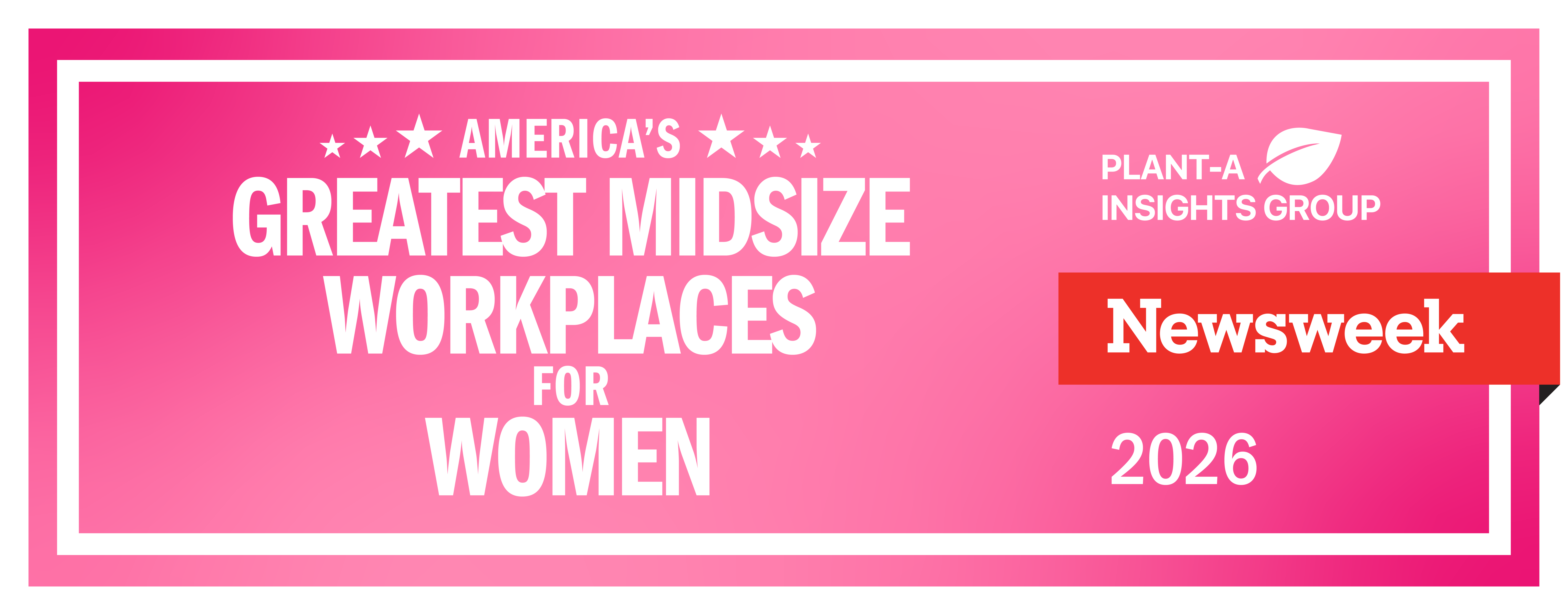 A pink banner reads "America's Greatest Midsize Workplaces for Women, Newsweek, 2026" with the Plant-A Insights Group logo.