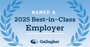 Certificate image stating "Named a 2025 Best-in-Class Employer" with Gallagher logo at the bottom, framed by two blue laurel branches on each side.