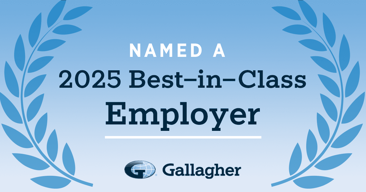 Certificate image stating "Named a 2025 Best-in-Class Employer" with Gallagher logo at the bottom, framed by two blue laurel branches on each side.