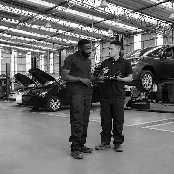 Two auto mechanics in uniform stand talking in a large, bright car repair shop with cars on lifts and open hoods in the background.