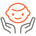 Simple line drawing of two hands holding up a smiling child's face, symbolizing care or child protection.