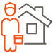Outline of a delivery person holding a box standing next to a house, representing home delivery service.