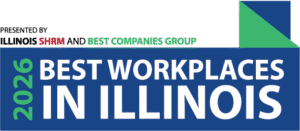 Banner showing "2026 Best Workplaces in Illinois" presented by Illinois SHRM and Best Companies Group, with blue, green, and white color blocks.