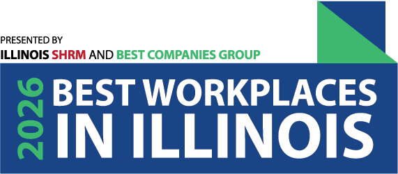 Banner showing "2026 Best Workplaces in Illinois" presented by Illinois SHRM and Best Companies Group, with blue, green, and white color blocks.