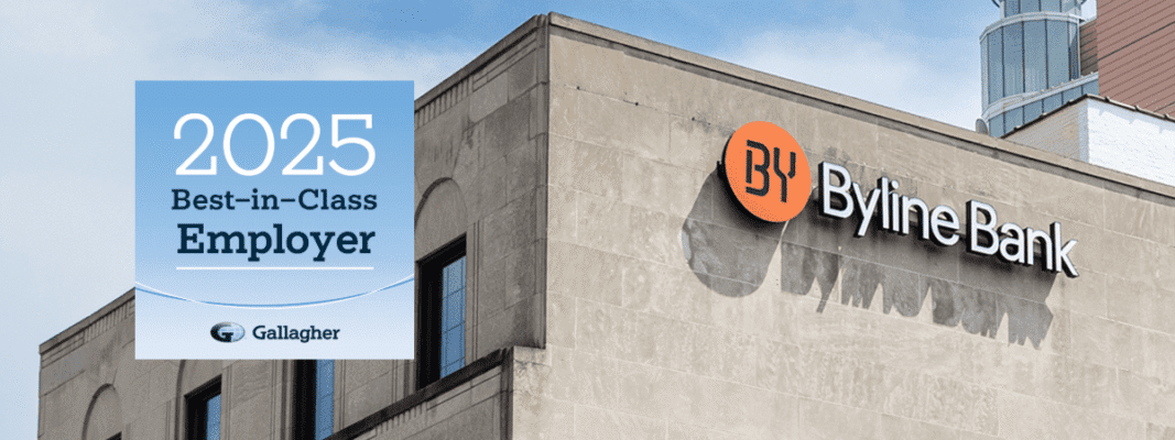 The exterior of a Byline Bank building, with a badge stating "2025 Best-in-Class Employer" awarded by Gallagher displayed in the foreground.