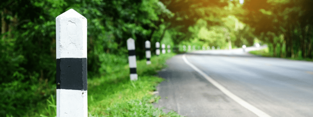 White and black road markers line a curved asphalt road surrounded by green trees and vegetation.