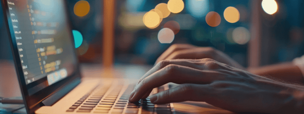 Hands typing on a laptop keyboard with a blurry screen showing code and out-of-focus city lights in the background.