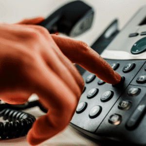 A hand is dialing a number on a black office landline phone with a corded handset.