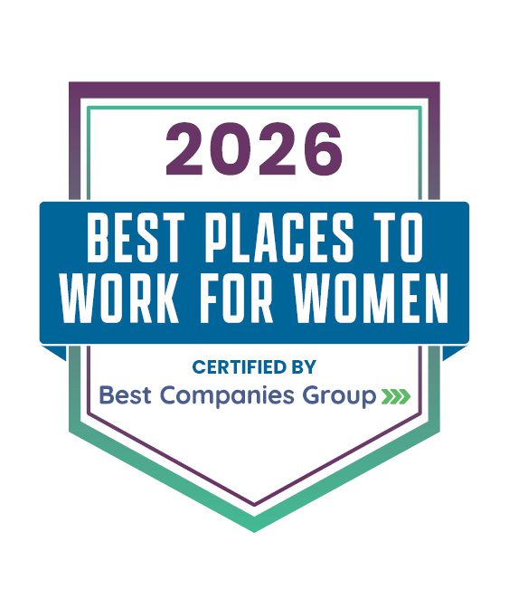 A badge reads “2026 Best Places to Work for Women, Certified by Best Companies Group” in blue, purple, and teal colors.
