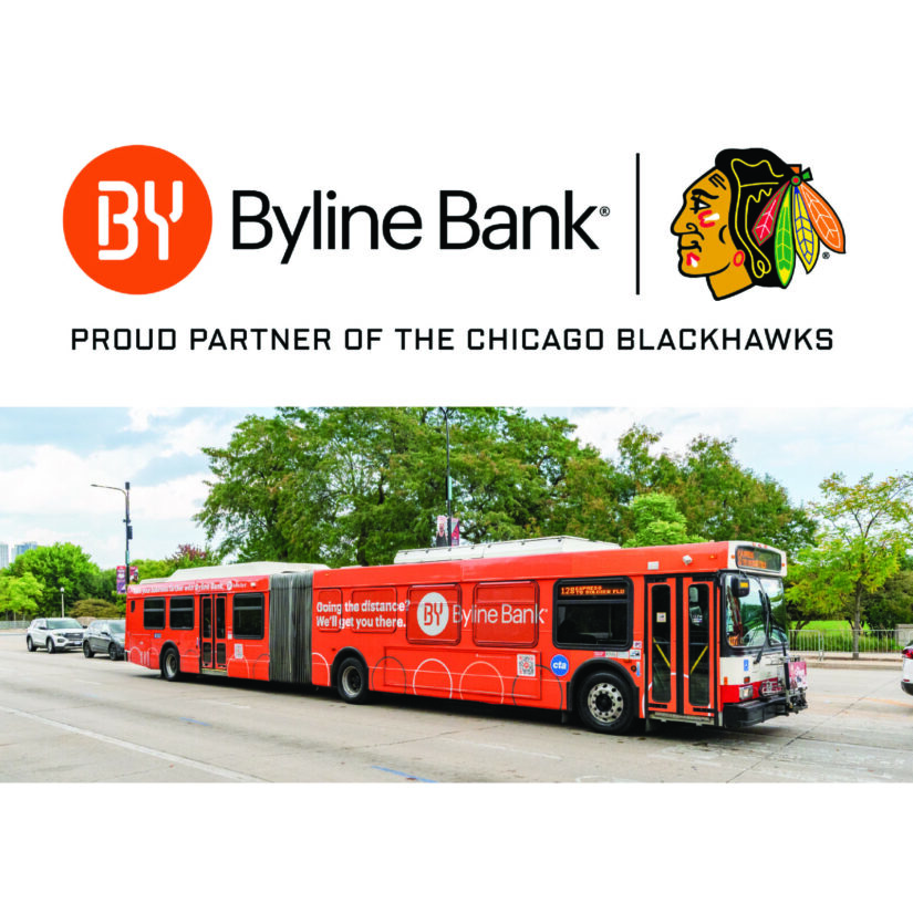 A red city bus with Byline Bank branding is parked on a street. Above, Byline Bank logo, Chicago Blackhawks logo, and partnership text are displayed. Trees and cars are in the background.