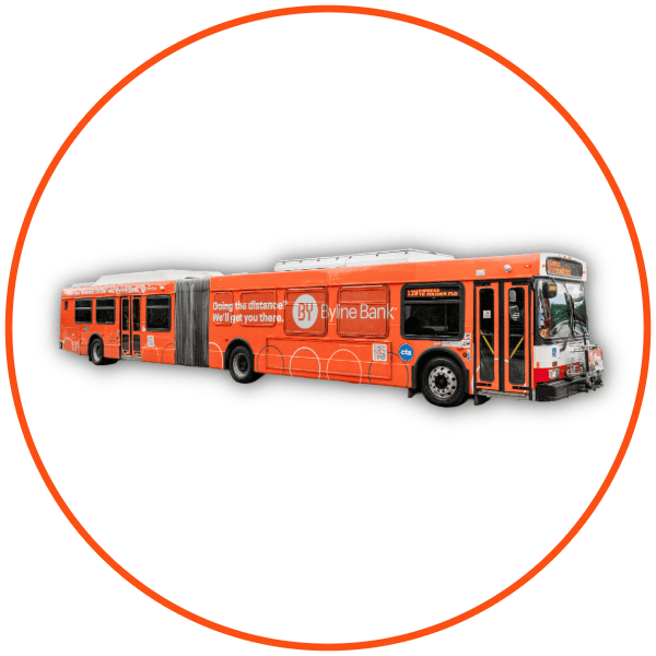 An orange articulated city bus with Eyeine Bank advertising is shown against a white background with an orange circular border.