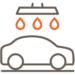 Outline of a car with three orange water droplets falling from a showerhead above, symbolizing a car wash.