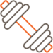 Simple illustration of a dumbbell with an orange handle and grey weights on each side, set against a plain background.