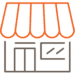 Simple line drawing of a small shop with a striped orange awning, a door, and a window.